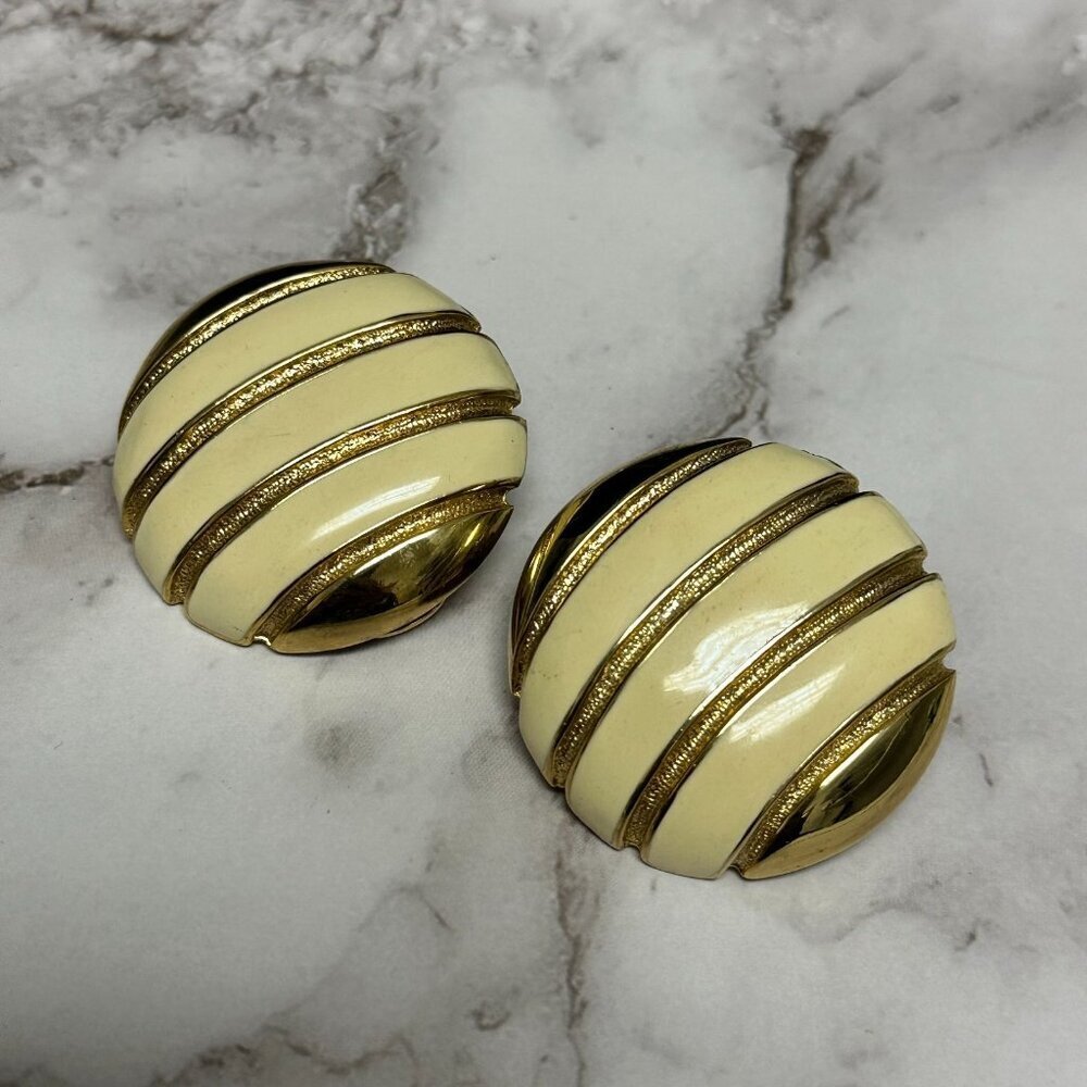 3/$30 Vintage Clip On Earrings Gold Beige Enamel Stripe Large Statement 1.5"